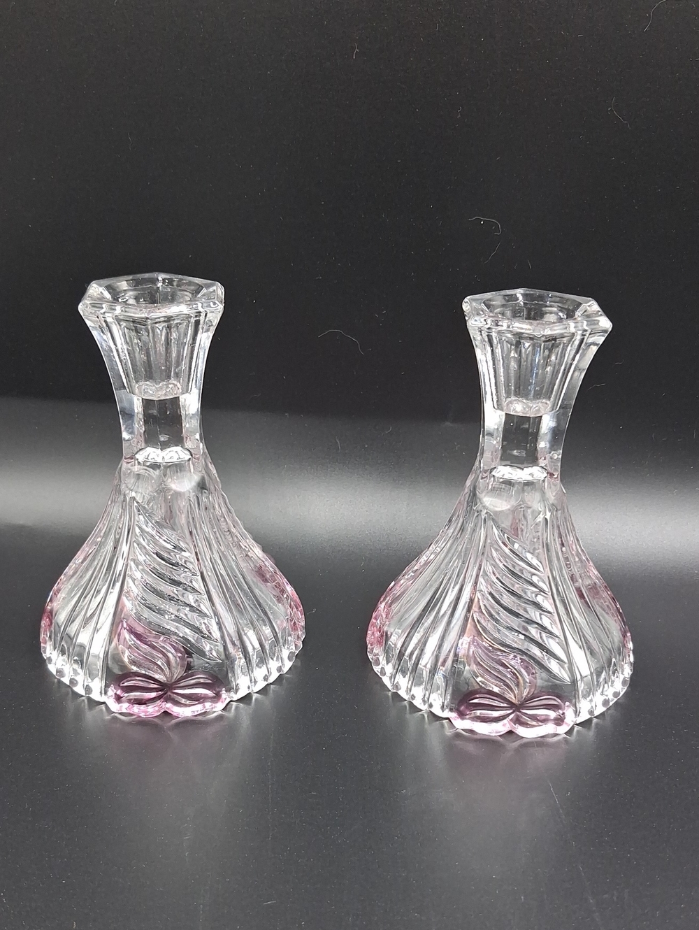 Vintage Clear and Pink Glass Decorative Candle Holders - Pair